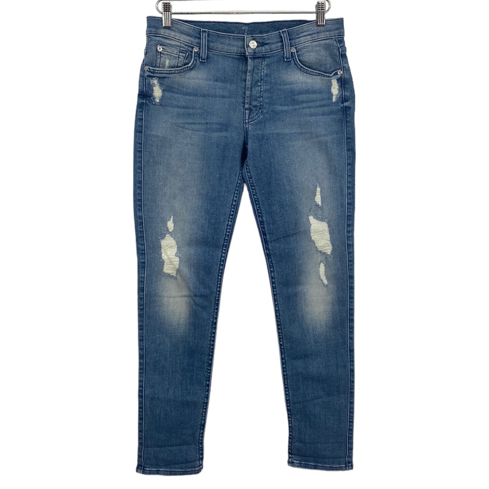 7 For All Mankind Josefina Skinny Boyfriend Jeans Womens 28 Blue Distressed